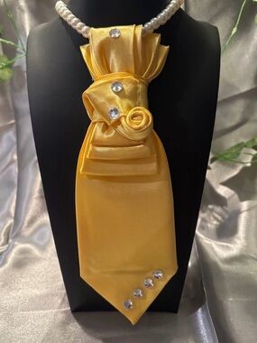 Women Yellow Satin Statement Bow Tie with Rhinestones